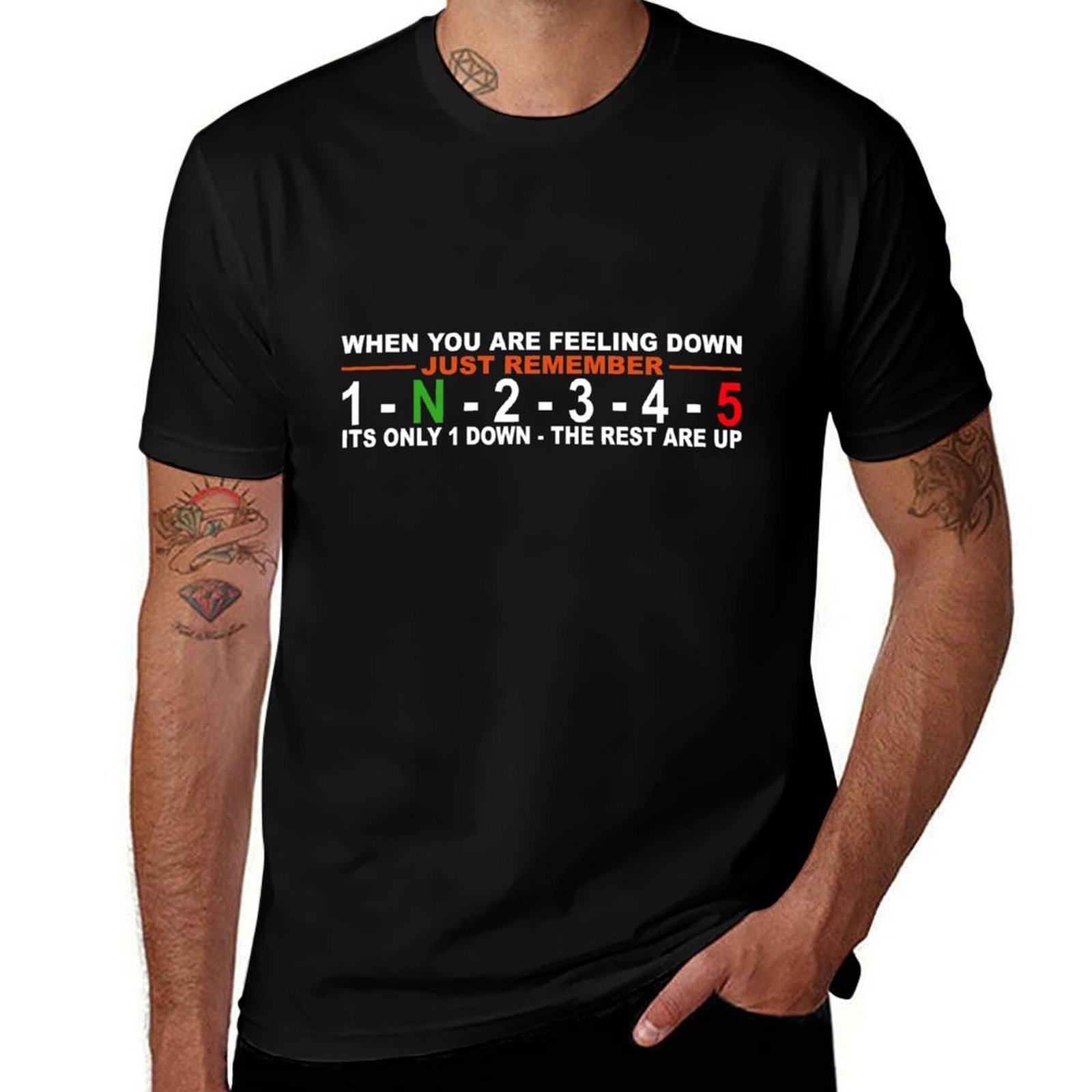 Motorcycle Gear Up Down - เสื้อยืดลายเกียร์มอเตอร์ไซค์ 5 สปีด 1 ดาวน์ 4